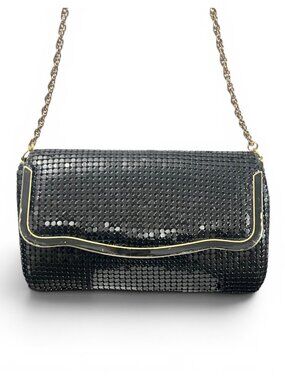 Vintage Black Mesh Shoulder Bag With Gold Chain & Accents Evening Clutch
